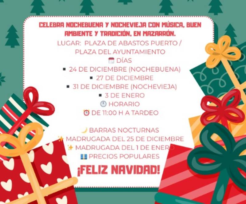 Christmas Eve and New Year’s Eve parties in Mazarrón and Puerto de Mazarrón